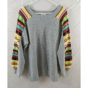 Kori America Womens Sweater Medium Aztec Print Gray Boho Colorful Sleeves Soft